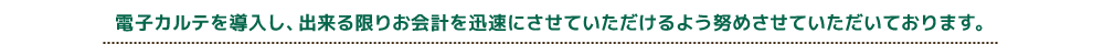 電子カルテを導入し、出来る限りお会計を迅速にさせていただけるよう努めさせていただいております。